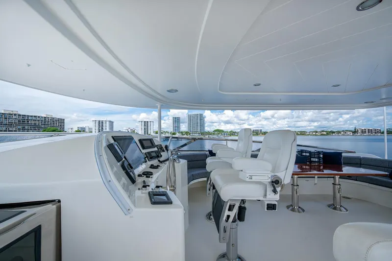 Lila Cuy Yacht Photos Pics Luxurious 2006 Westport 112 yacht helm with modern controls and panoramic waterfront view.