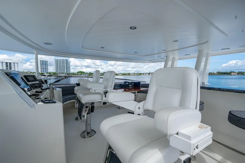 Lila Cuy Yacht Photos Pics Luxurious helm of 2006 Westport 112 yacht with white captain chairs and navigation equipment.