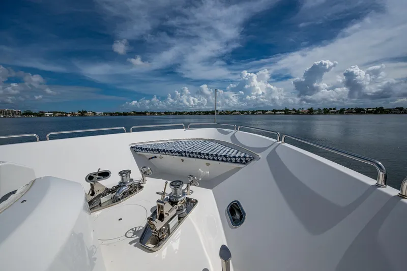 Lila Cuy Yacht Photos Pics Bow view of 2006 Westport 112 yacht under a partly cloudy sky.
