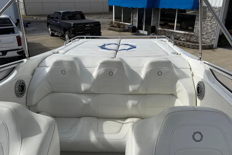  Yacht Photos Pics Interior of 2010 Fountain 42 Lightning boat with white leather seating.