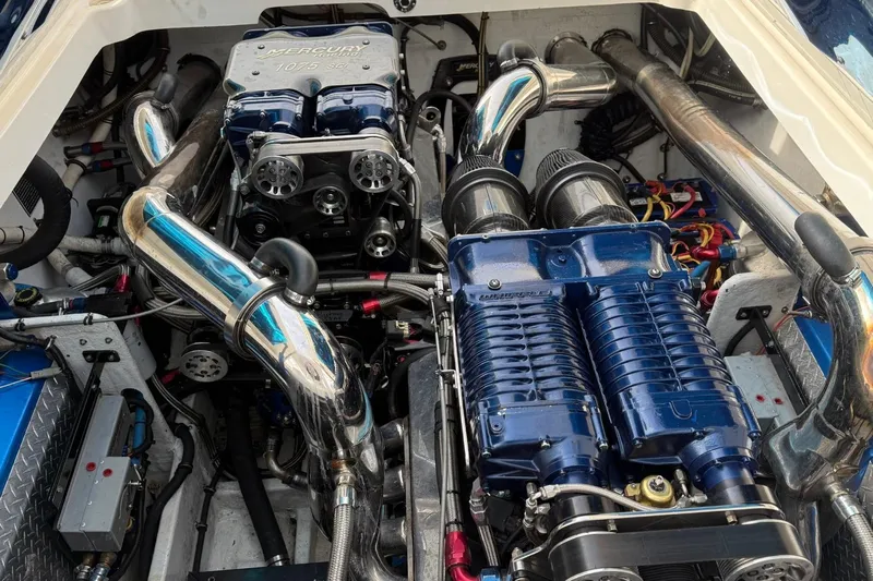  Yacht Photos Pics Engine compartment of a 2010 Fountain 42 Lightning boat with Mercury 1075 SCi engines.