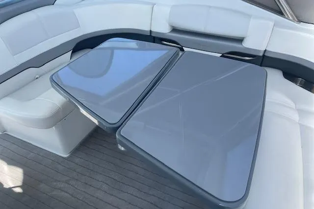  Yacht Photos Pics 2014 Formula 370 Super Sport boat interior with sleek seating and modern tables.