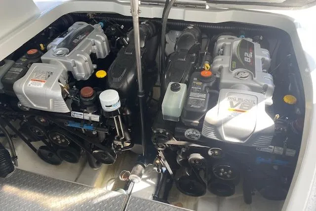  Yacht Photos Pics Engine compartment of a 2014 Formula 370 Super Sport boat, featuring dual engines.