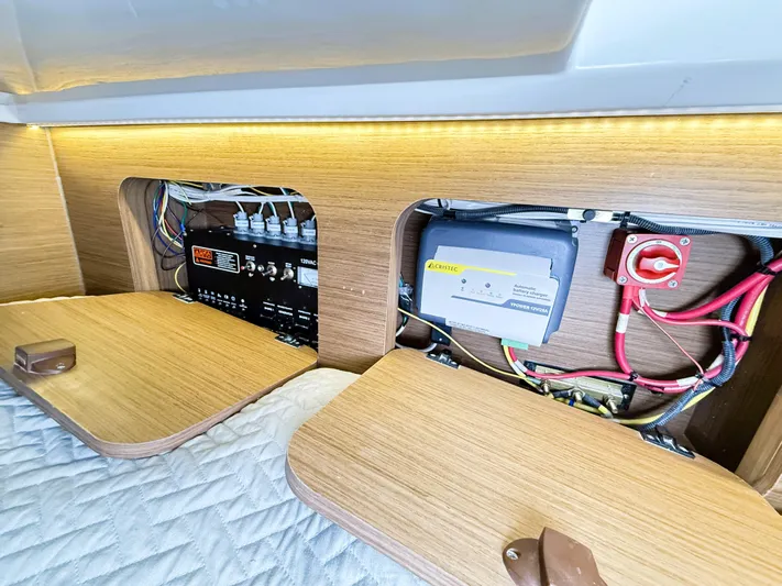  Yacht Photos Pics Electrical panel and wiring inside a 2021 Jeanneau NC 895 boat cabin.