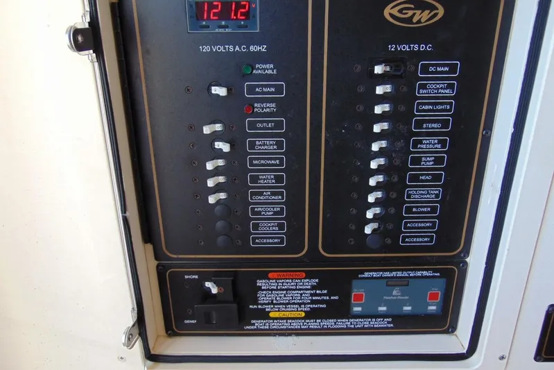 Fore Reel Yacht Photos Pics Electrical control panel on a 2008 Grady-White Canyon 336 boat.