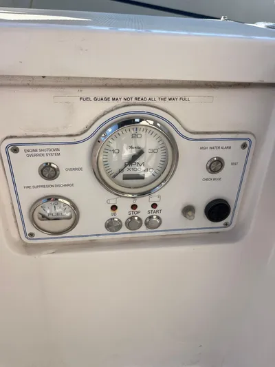 Pegasus Yacht Photos Pics Control panel of a 2015 Marlow-Hunter 40 boat with gauges and switches.