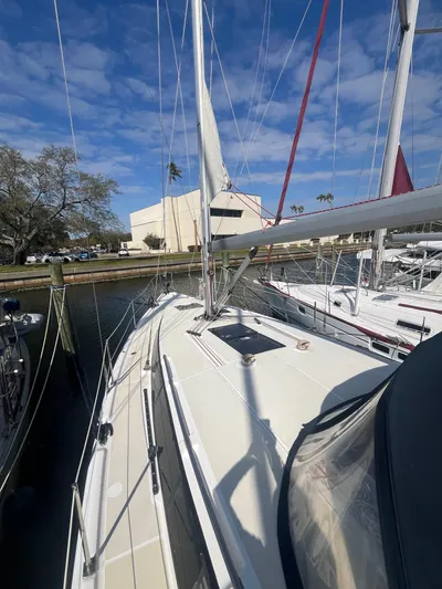 Pegasus Yacht Photos Pics 2015 Marlow-Hunter 40 sailboat docked under a clear blue sky.