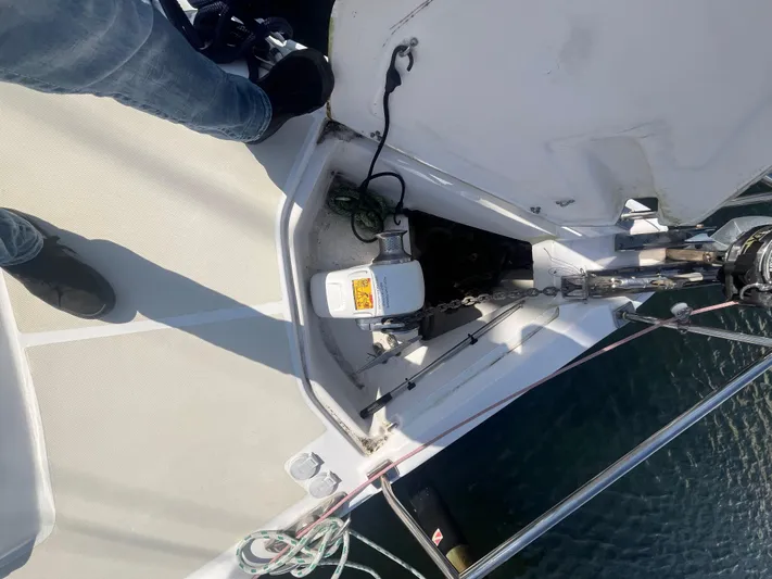 Pegasus Yacht Photos Pics 2015 Marlow-Hunter 40 sailboat deck with anchor chain and winch system.