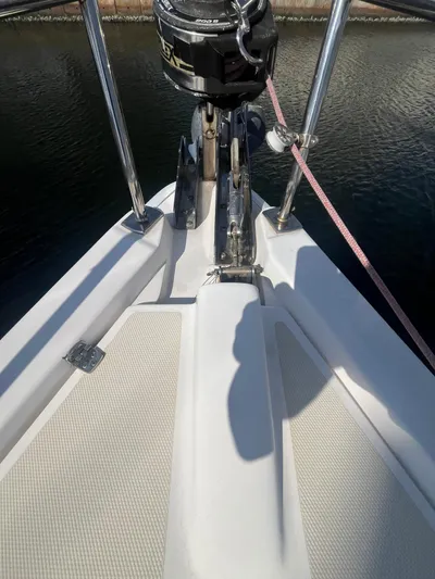 Pegasus Yacht Photos Pics Bow of a 2015 Marlow-Hunter 40 sailboat with anchor and winch.