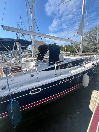 Pegasus Yacht Photos Pics 2015 Marlow-Hunter 40 sailboat docked, featuring sleek design and modern rigging.