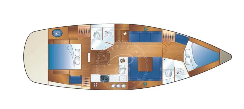 Pegasus Yacht Photos Pics Floor plan of a 2015 Marlow-Hunter 40 yacht, featuring cabins, bathrooms, and a kitchen area.