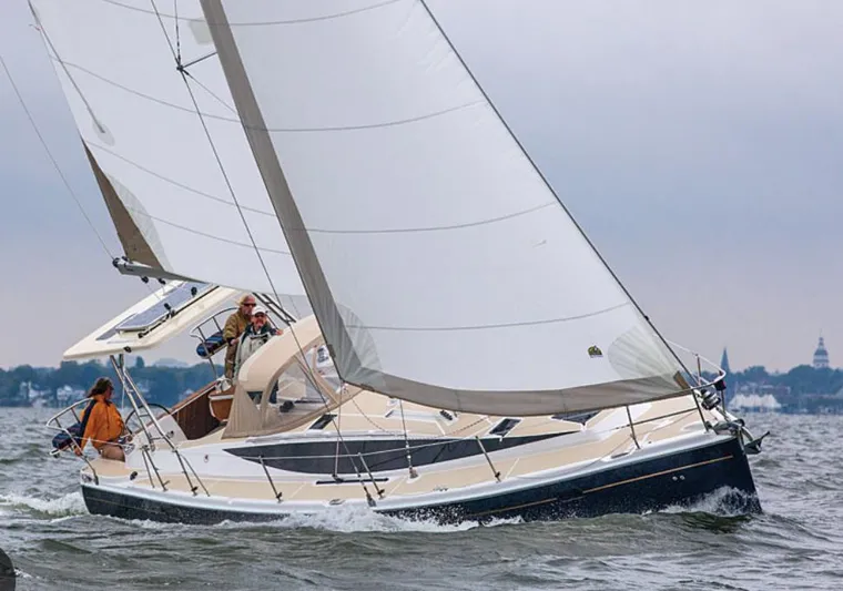 Pegasus Yacht Photos Pics 2015 Marlow-Hunter 40 sailboat navigating choppy waters with full sails.