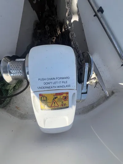 Pegasus Yacht Photos Pics Windlass mechanism on 2015 Marlow-Hunter 40 sailboat with safety instructions visible.