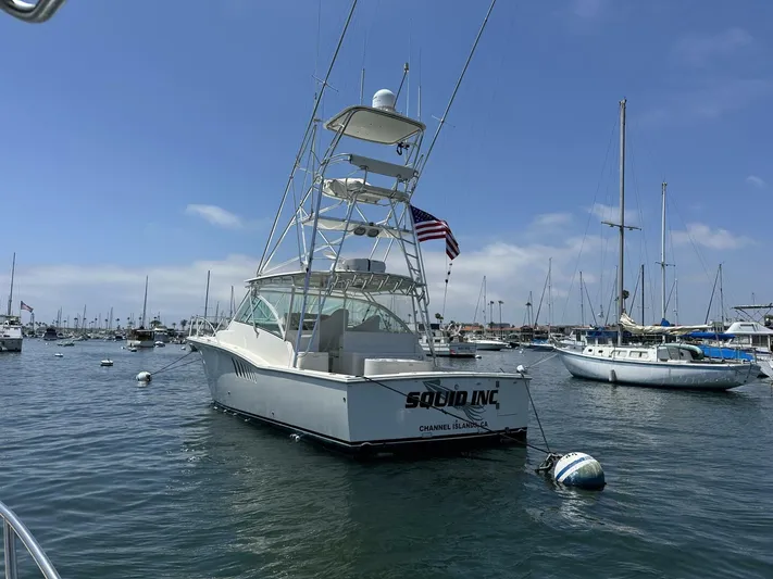 Squid Inc Yacht Photos Pics 2007 Albemarle 360 Express boat moored in a marina, clear sky, American flag displayed.