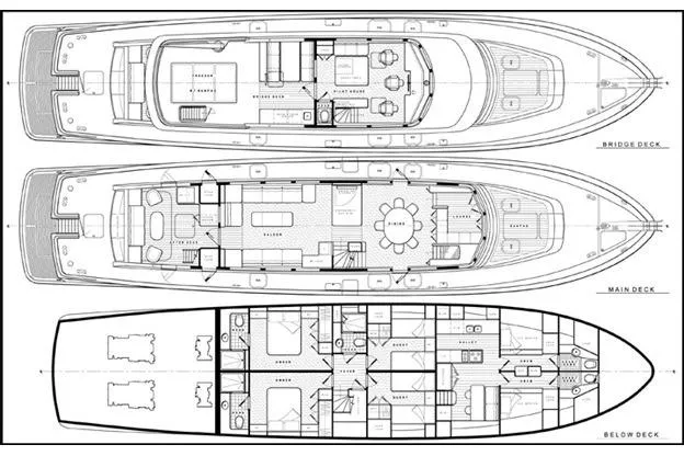 Sea Bold Yacht Photos Pics Blueprint of 2003 New England Boatworks Enclosed Raised Pilothouse, showing bridge, main, and below decks.
