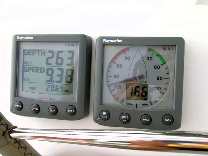  Yacht Photos Pics Raymarine instruments on 2008 Beneteau 49 Oceanis Tall Rig displaying depth and speed.