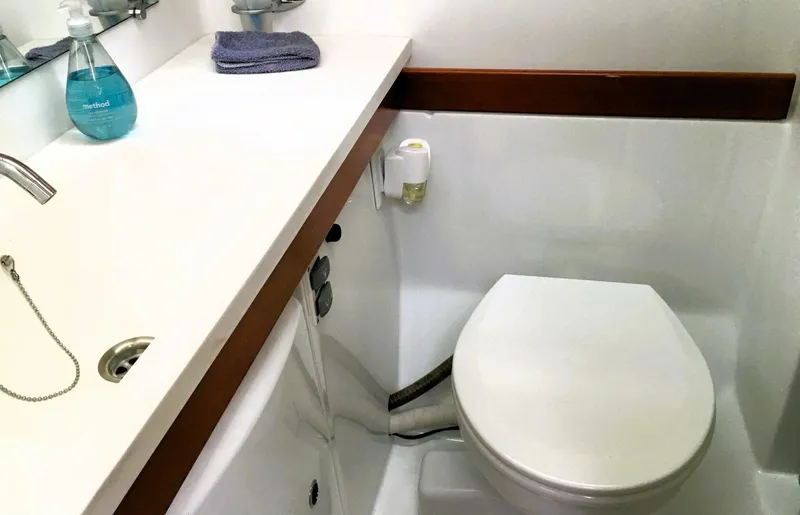  Yacht Photos Pics Bathroom interior of 2008 Beneteau 49 Oceanis Tall Rig sailboat.