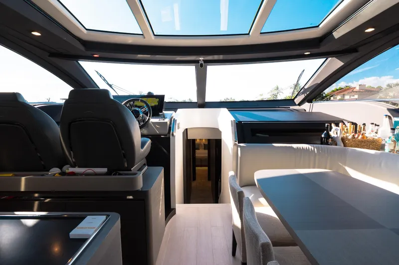  Yacht Photos Pics Interior of 2023 Azimut S8 yacht with modern cockpit and seating area.