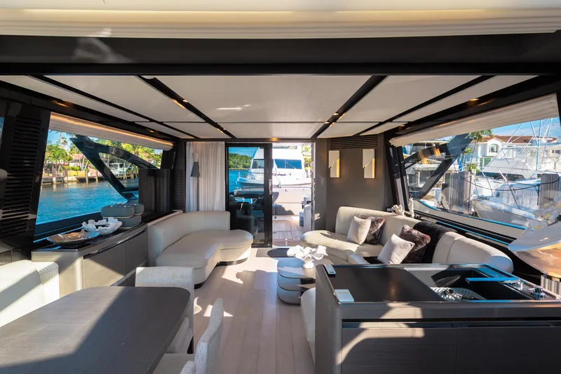  Yacht Photos Pics Luxurious interior of 2023 Azimut S8 yacht with modern furnishings and waterfront view.