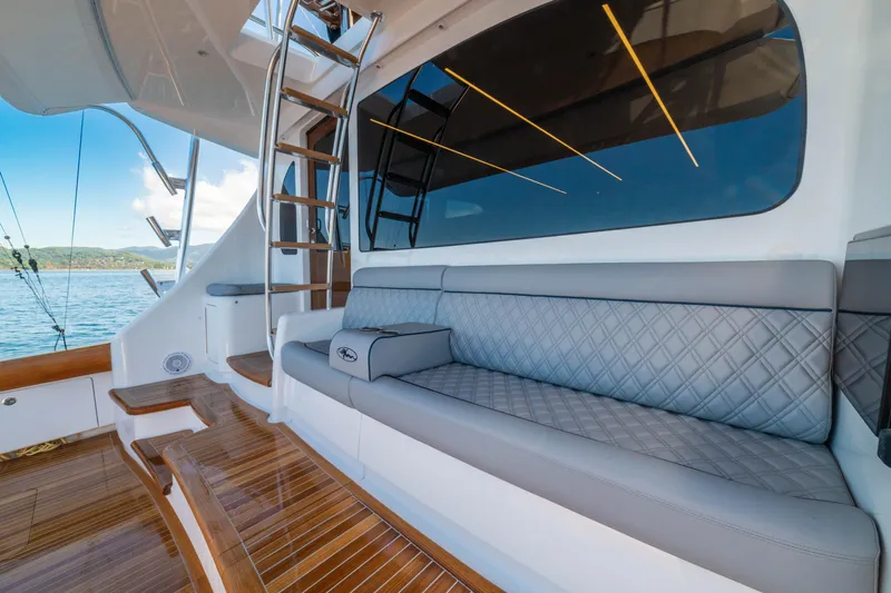 New Viking 64 Convertible Yacht Photos Pics Luxury seating area on 2026 Viking 64 Convertible yacht with ocean view.