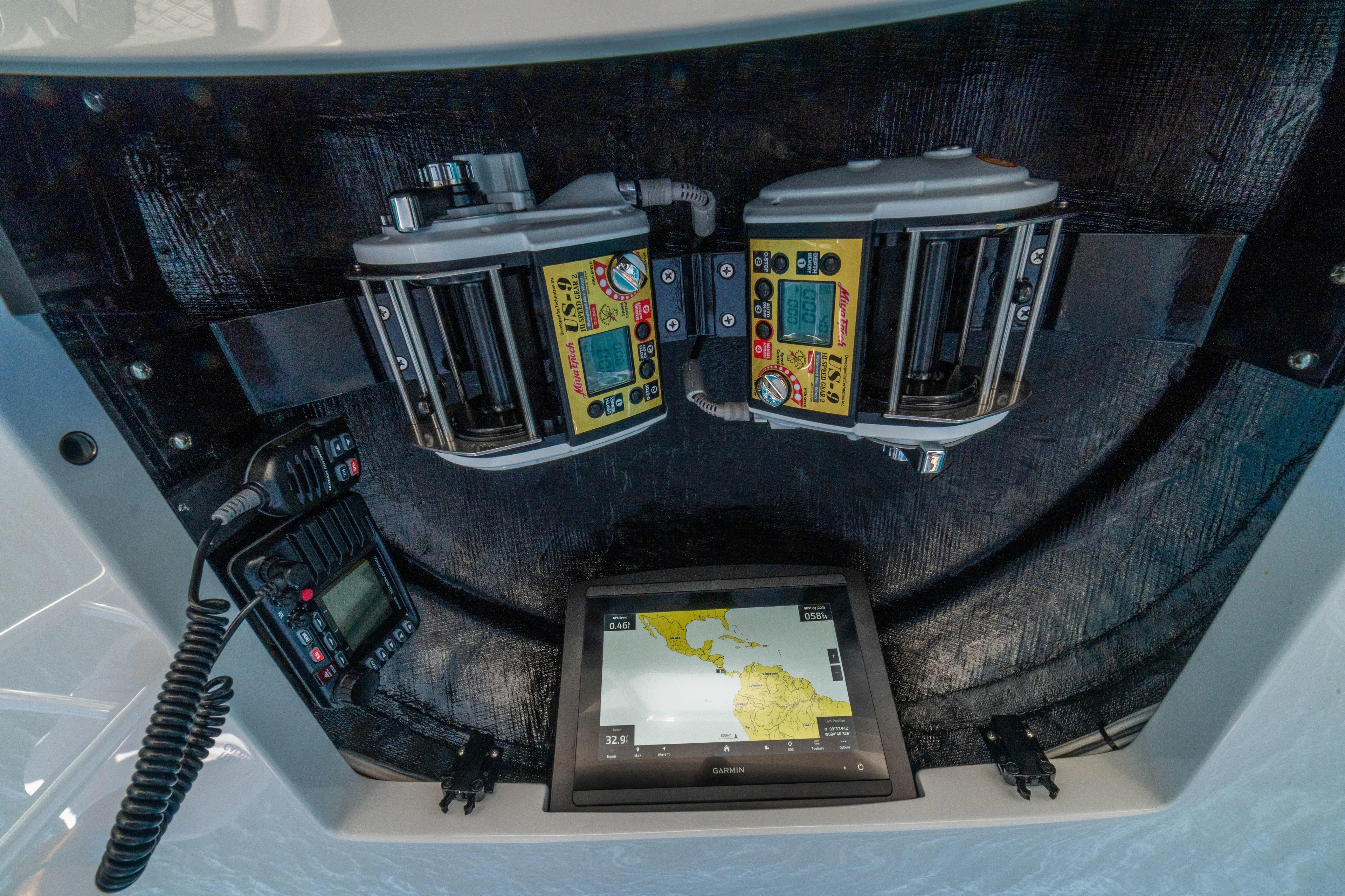 New Viking 64 Convertible Yacht Photos Pics Control panel of 2026 Viking 64 Convertible yacht with navigation and communication systems.