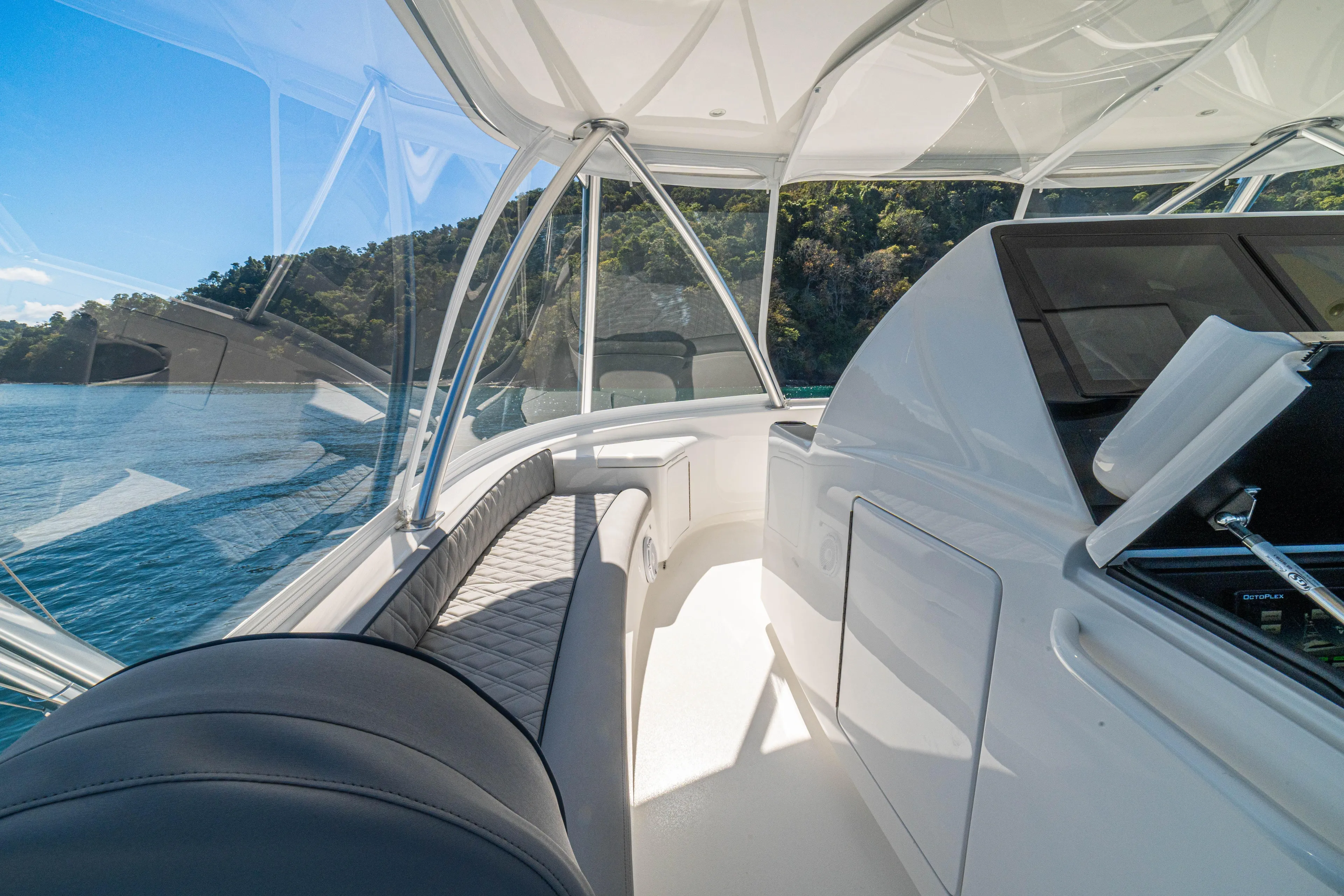 New Viking 64 Convertible Yacht Photos Pics Luxurious interior of 2026 Viking 64 Convertible yacht with scenic ocean view.