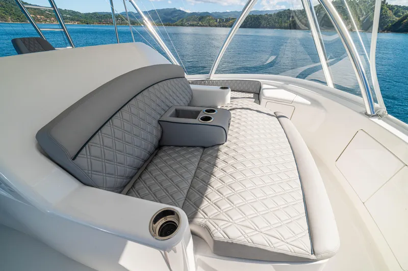 New Viking 64 Convertible Yacht Photos Pics Luxurious seating on 2026 Viking 64 Convertible yacht with ocean view.