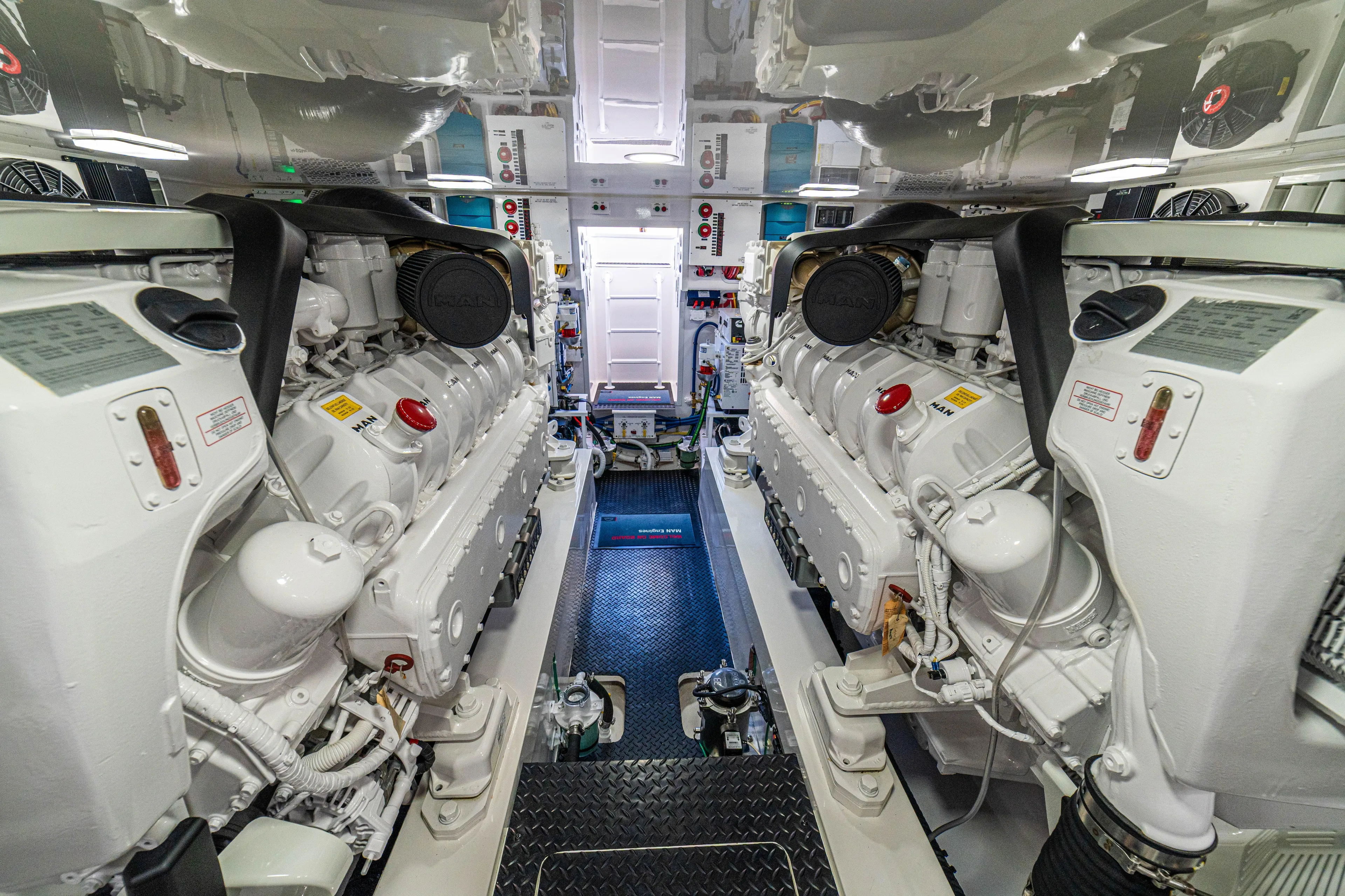 New Viking 64 Convertible Yacht Photos Pics Engine room of 2026 Viking 64 Convertible yacht, featuring dual MAN engines.