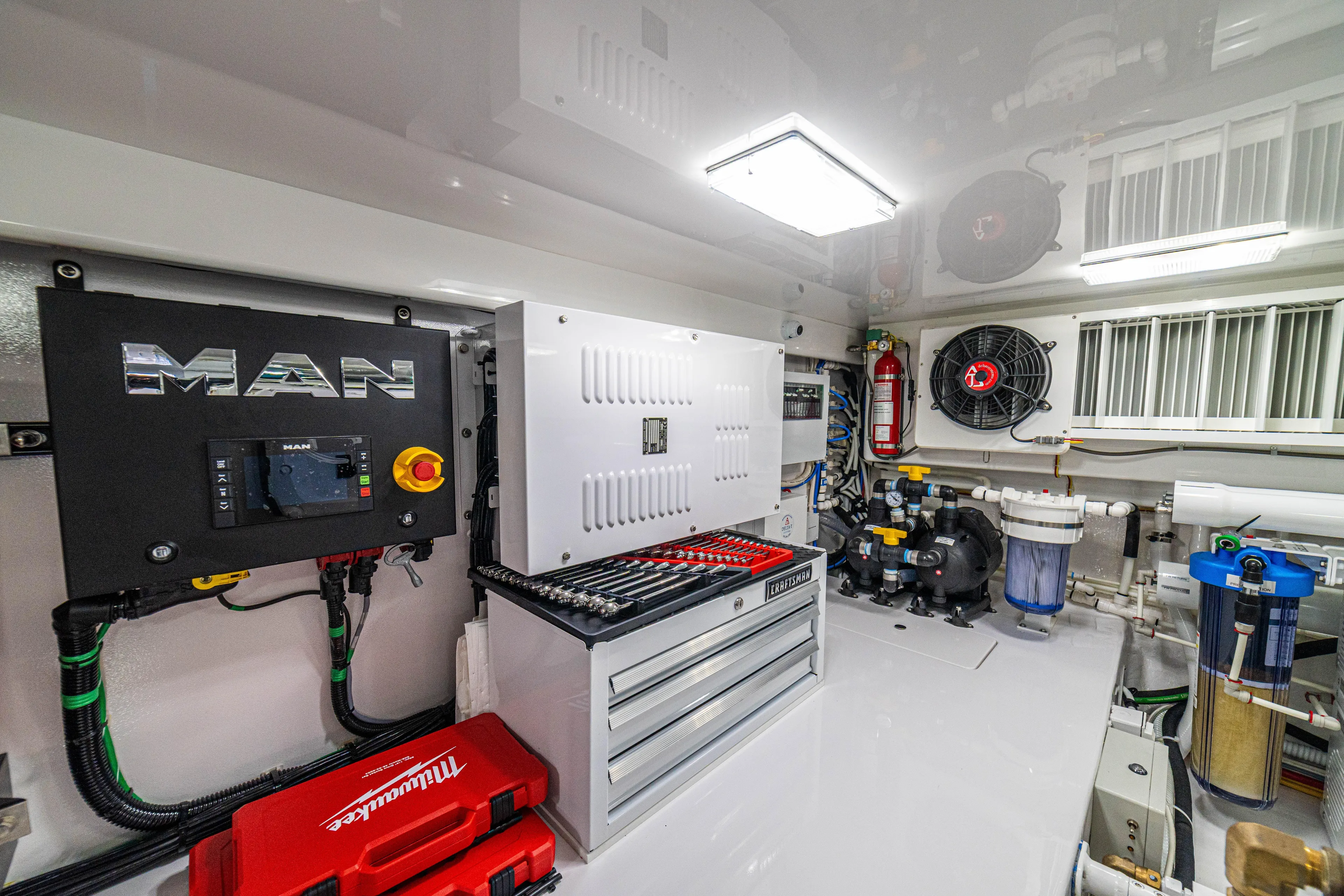 New Viking 64 Convertible Yacht Photos Pics Engine room of 2026 Viking 64 Convertible yacht with tools and equipment.