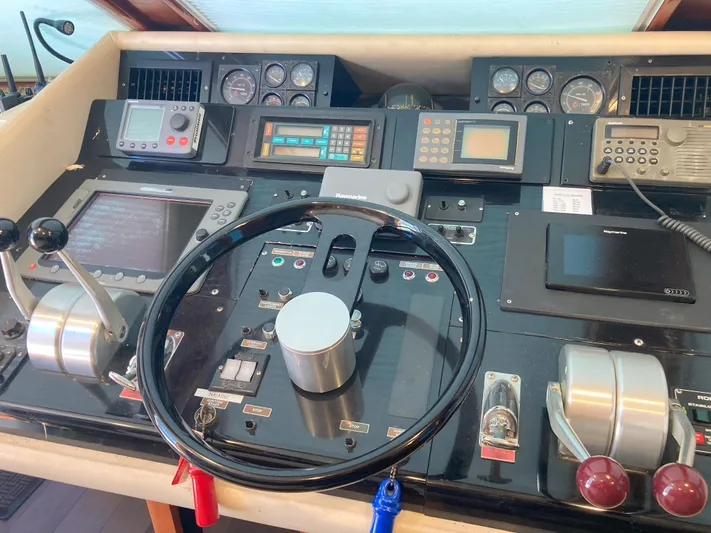 Raiders Yacht Photos Pics Control panel of a 1988 Viking 70 Cockpit Motor Yacht with navigation instruments.