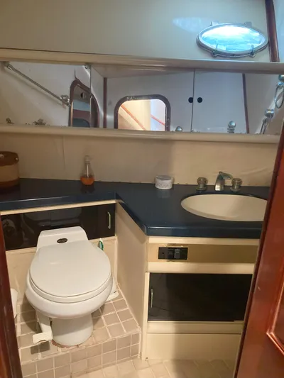 Raiders Yacht Photos Pics 1988 Viking 70 Cockpit Motor Yacht bathroom with toilet, sink, and mirror.