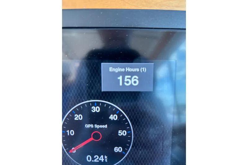 Luna Yacht Photos Pics Display showing 156 engine hours and GPS speed on 2020 Back Cove 37.