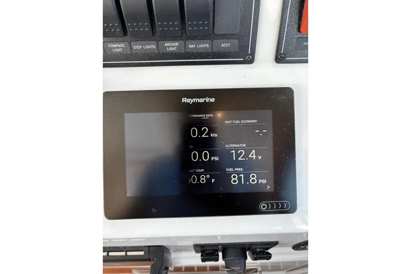 Luna Yacht Photos Pics Raymarine display on 2020 Back Cove 37 showing performance data and fuel pressure.