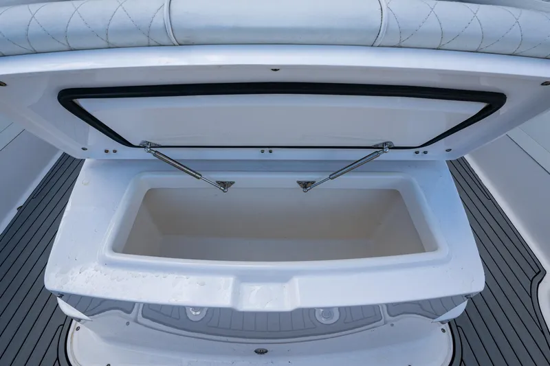 Yacht Photos Pics Open storage compartment on 2020 Everglades 395 Center Console boat.
