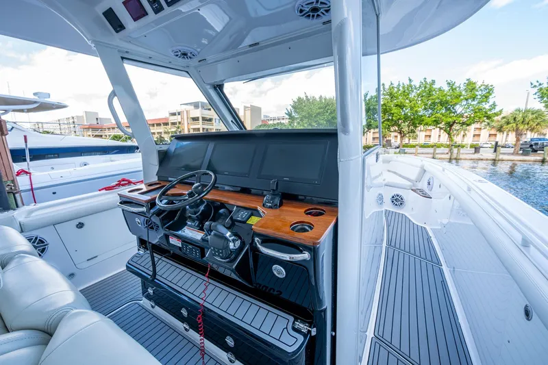  Yacht Photos Pics 2020 Everglades 395 Center Console boat interior with modern helm and navigation equipment.