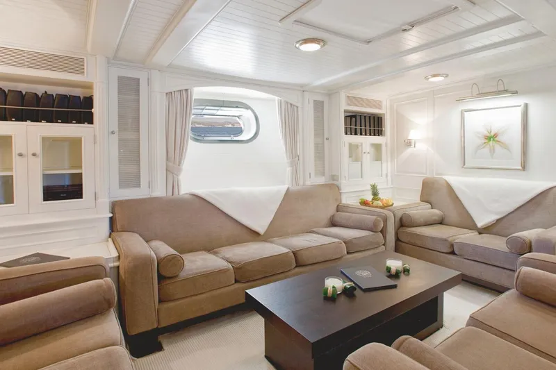 Mari Cha III Yacht Photos Pics Luxurious 1997 Sensation Yacht custom interior with elegant seating and modern decor.