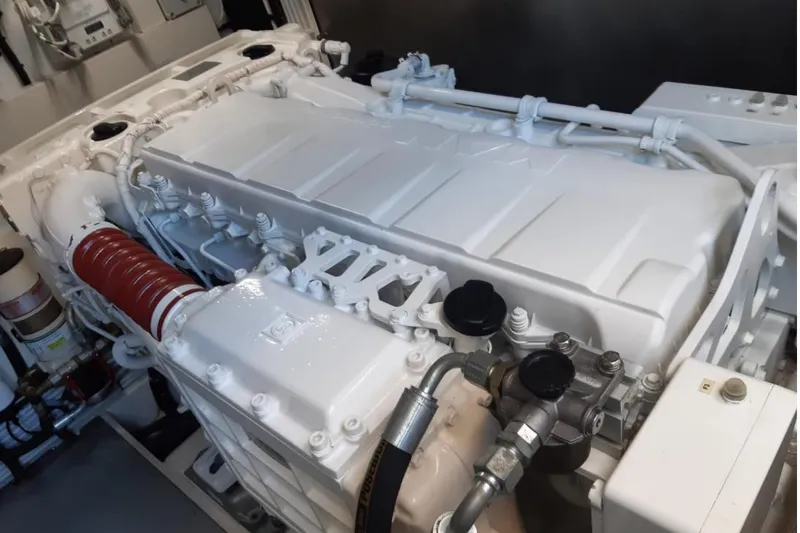  Yacht Photos Pics Engine of a 2017 Ferreti 550 yacht, showcasing intricate mechanical components.