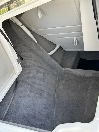  Yacht Photos Pics 2023 Sea Ray SLX 310 OB interior cabin with gray carpeting and storage compartments.