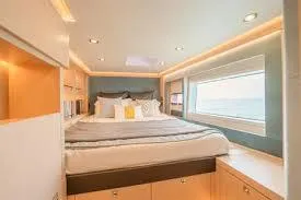  Yacht Photos Pics Luxurious bedroom interior of 2025 Heysea Seaview 50 yacht with ocean view.