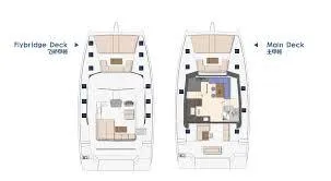  Yacht Photos Pics Floor plan of 2025 Heysea Seaview 50 yacht, featuring flybridge and main deck layouts.