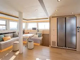  Yacht Photos Pics Luxurious interior of 2025 Heysea Seaview 50 yacht with modern seating and large windows.