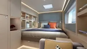  Yacht Photos Pics Luxurious cabin interior of 2025 Heysea Seaview 50 yacht with modern design and cozy bedding.