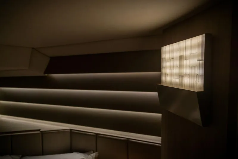  Yacht Photos Pics Luxurious interior of Tesoro T50 Armani Casa Speciale 2025 yacht with elegant lighting.