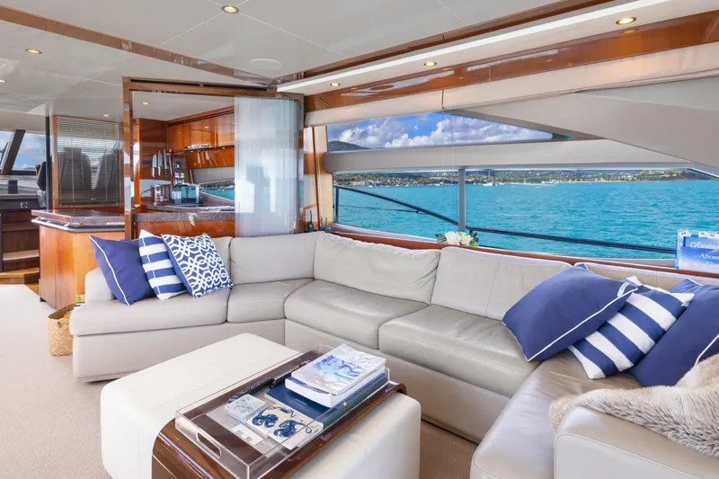 About Time Yacht Photos Pics Luxurious interior of 2014 Princess Flybridge 72 Motor Yacht with ocean view.