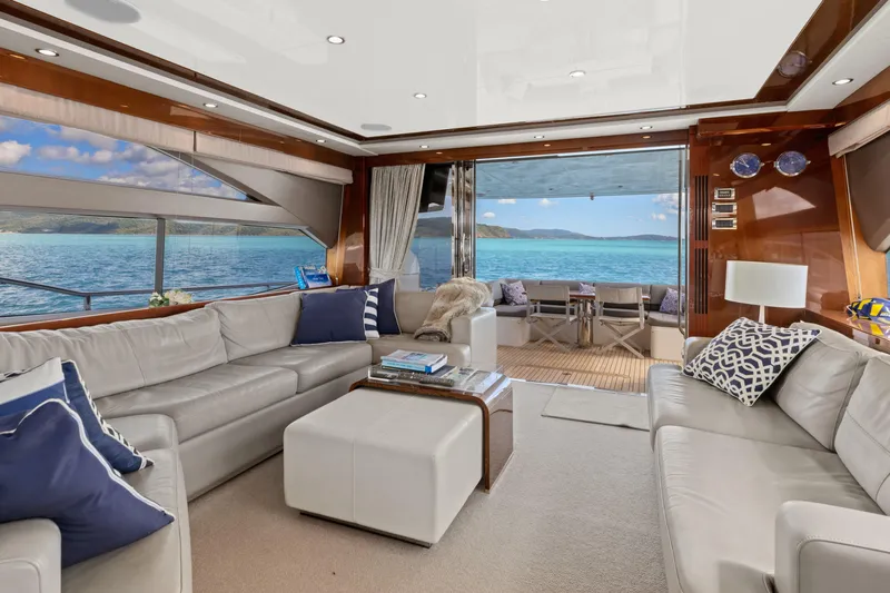 About Time Yacht Photos Pics Luxurious interior of 2014 Princess Flybridge 72 Motor Yacht with ocean view.