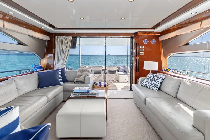 About Time Yacht Photos Pics Luxurious interior of 2014 Princess Flybridge 72 Motor Yacht with ocean view.