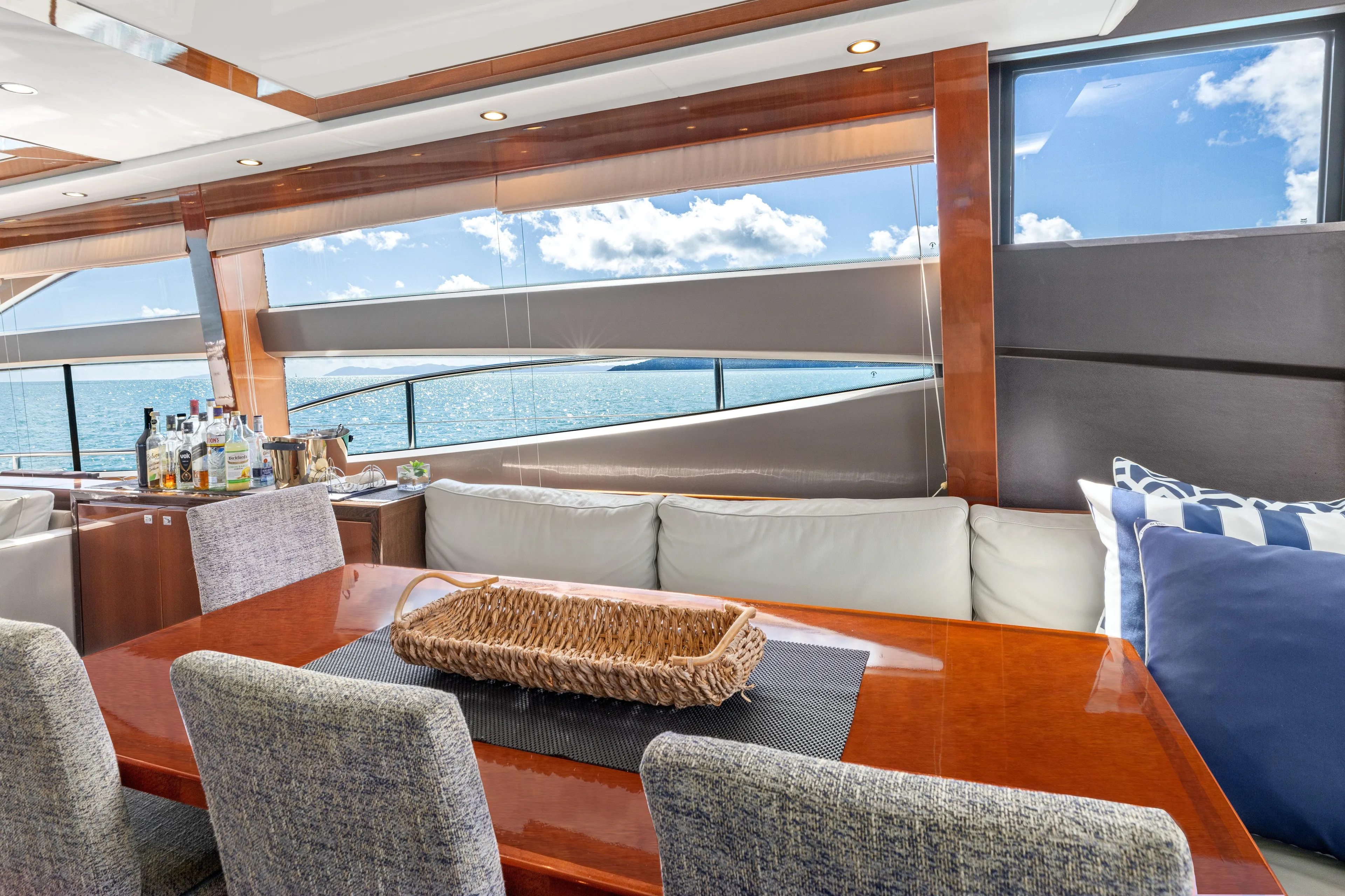 About Time Yacht Photos Pics Luxurious interior of 2014 Princess Flybridge 72 Motor Yacht with ocean view.