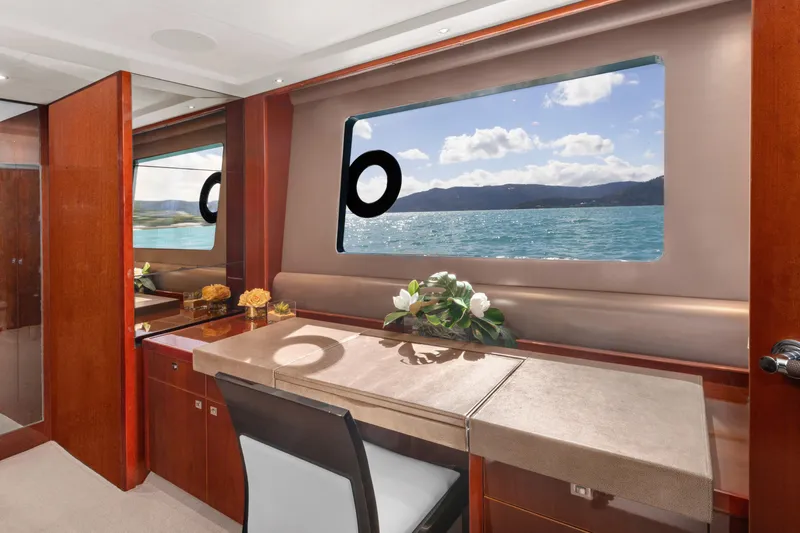About Time Yacht Photos Pics Luxurious interior of 2014 Princess Flybridge 72 Motor Yacht with scenic ocean view.