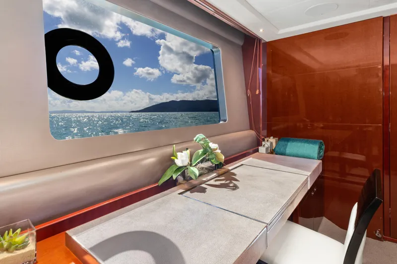 About Time Yacht Photos Pics Luxurious interior of 2014 Princess Flybridge 72 Motor Yacht with ocean view.