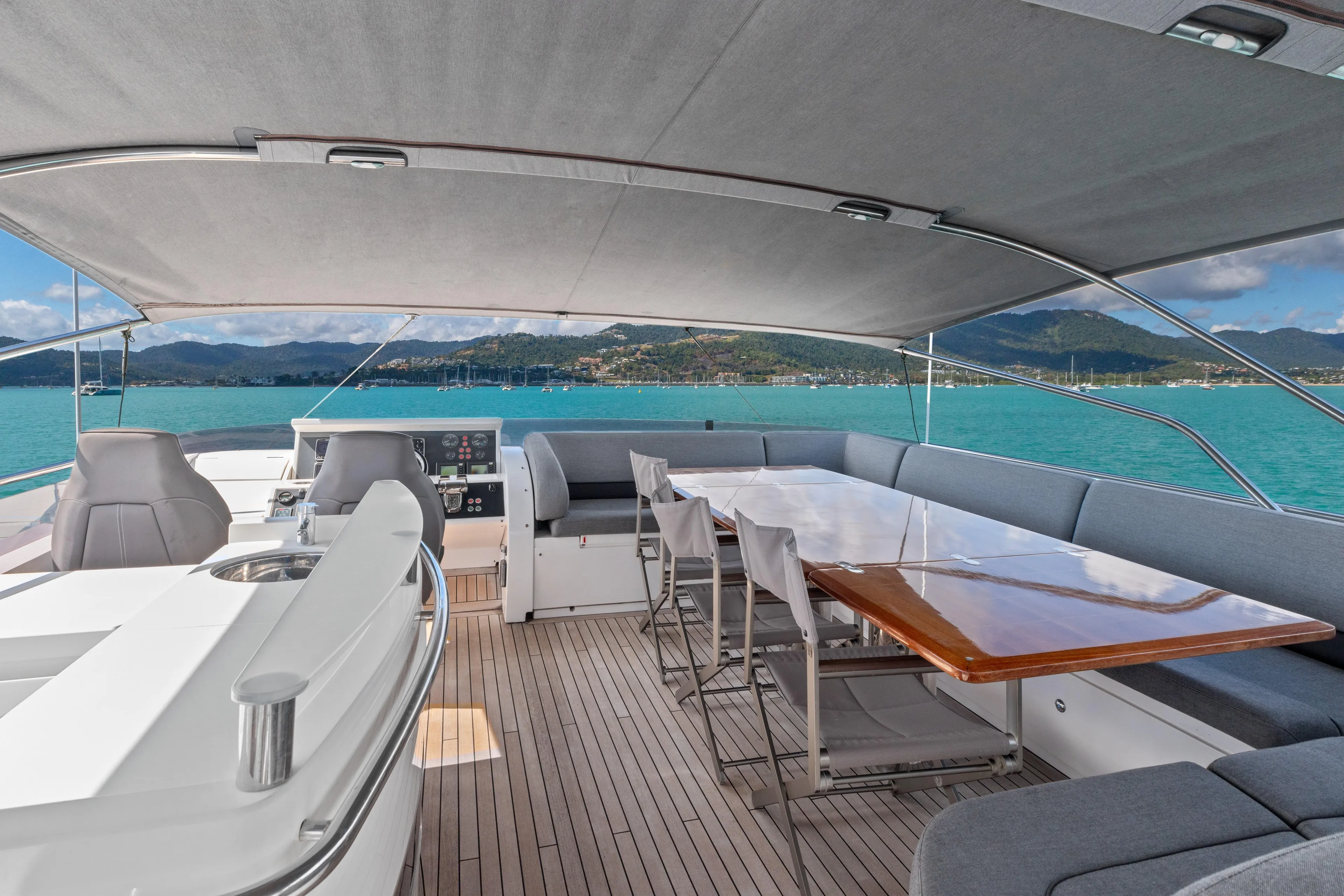 About Time Yacht Photos Pics Luxurious 2014 Princess Flybridge 72 Motor Yacht with spacious deck and stunning ocean view.